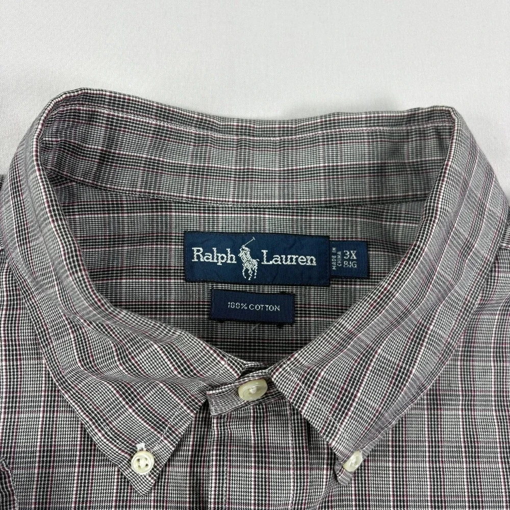 Polo Ralph Lauren Shirt Mens 3XB Big Gray Plaid Button Up‎ Long Sleeve